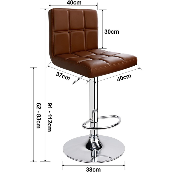 Барний стілець Leader Accessories (2 шт) - регульована висота 62-83 см, обтягнутий штучною шкірою (колір кава)