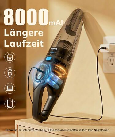 Акумуляторний пилосос Topipop Handstaubsauger 25000Pa з HEPA-фільтром для дому, авто, шерсті тварин (чорний)