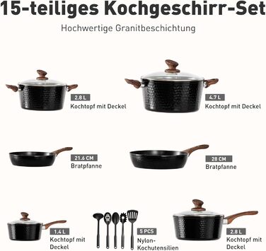 Набір кухонного посуду Kitchen Academy з антипригарним гранітним покриттям, 15 предметів: каструлі, сковороди з кришками, для індукційних плит, чорний колір