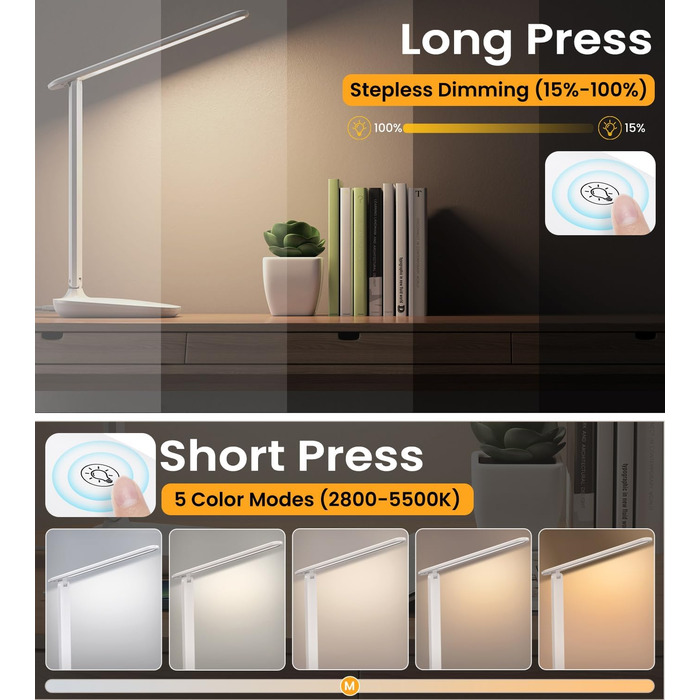 LED лампа настільна диммерна з 5 кольорами, регулювання яскравості 15%-100%, захист очей, USB-зарядка, таймер, сенсорне керування, для дітей, спальні, читання, офісу