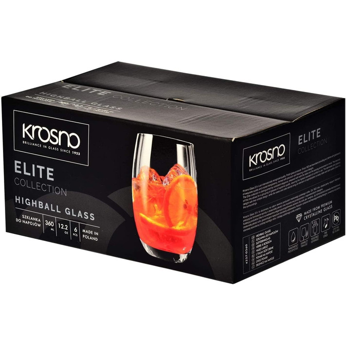 Krosno Water Glasses, Juice Glasses, Drinking Glasses | Set of 12 | 360 ML | Elite Collection | Perfect for home, restaurants, and parties | Dishwasher safe