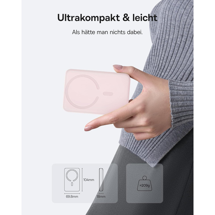 Power Bank Baseus 10000mAh з бездротовою зарядкою 15W, MagSafe, PD 22.5W, USB-C, білий (рожевий)