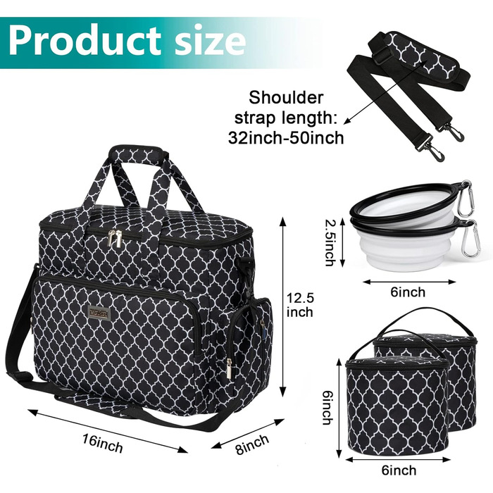 Сумка для собак Baglher, переноска для тварин (усі аксесуари для подорожей з тваринами), з 2 контейнерами для корму та 2 складаними мисками з силікону; незамінний набір для подорожей з домашніми тваринами, блакитний колір (L, чорний)