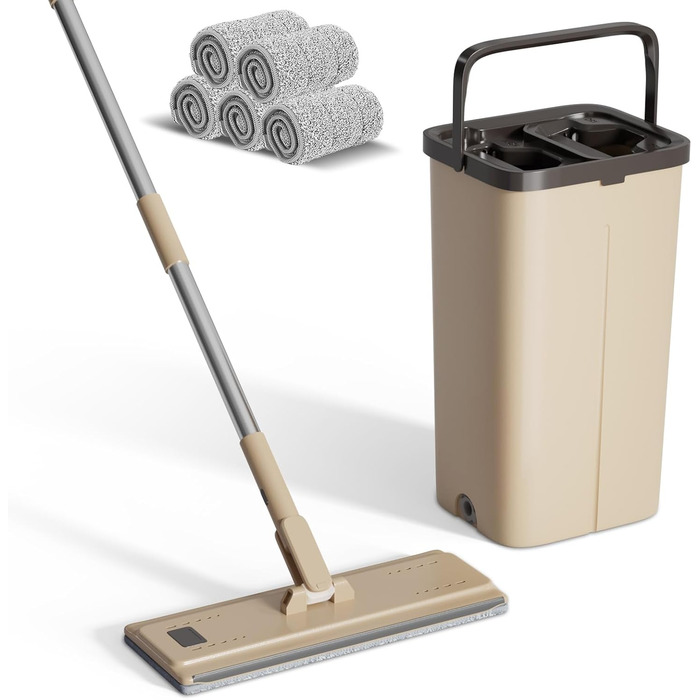 Набір для миття підлоги з відром, 2 в 1, з регульованою ручкою з нержавіючої сталі та 6 мікрофібровими насадками, для плитки та ламінату, сіро-коричневий