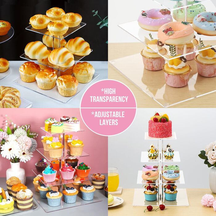 Підставка для капкейків з акрилу на 5 ярусів, 20 шпильок, прозора, для тортів та десертів, весілля, дні народження, барні вечірки, квадратна