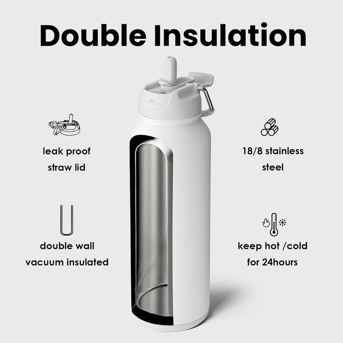 BOTTLE BOTTLE Insulated Water Bottle with Straw, Sports Stainless Steel Water Bottle with Handle Lid, Outdoor Sports Bottle for Pills, 1L (White)