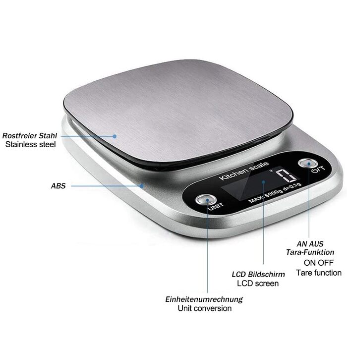 Кухонні ваги Mobxpar: електронні, з нержавіючої сталі, прецизійні (0,1г), до 5кг, з функцією тарування