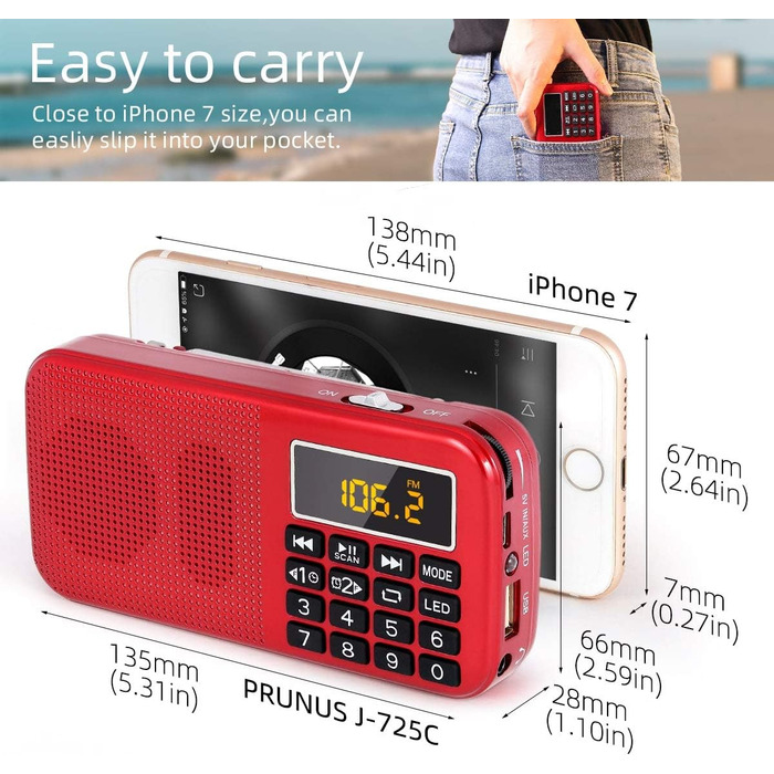 Портативне радіо PRUNUS J-725 FM/UKW з акумулятором 3000mAh, USB/SD/TF/AUX, радіоприймач з підсвічуванням, будильник (червоне)
