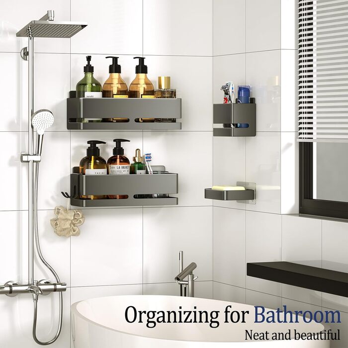 Набір полиць для ванної кімнати (5 шт.) з мильничкою та тримачем для зубних щіток, без свердління, сірий