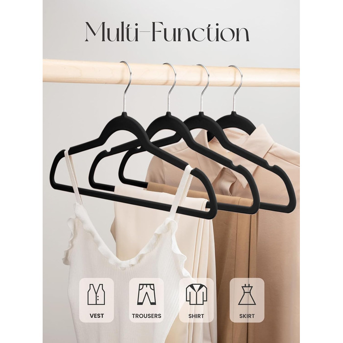 В'язки для одягу з велюру 20 шт. - В'язки для одягу, що економлять місце, для костюмів, тонкі антиковзаючі вішалки для штанів, поворотний гачок на 360°, широкі вішалки для одягу, міцні велюрові вішалки (Чорний)
