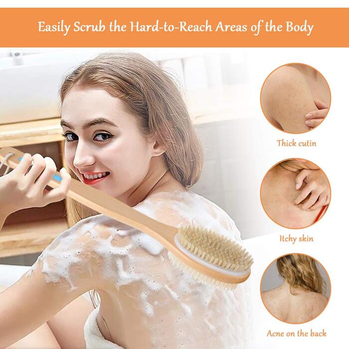 Масажна щітка для спини URAQT з натуральною щетиною, двостороння, з довгим руків'ям для масажу та пілінгу тіла
