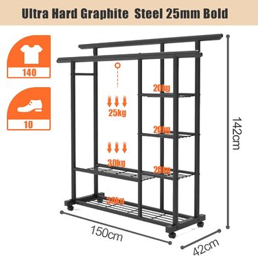 Металевий вішак для одягу GETCO TECH 150см з 6 полицями та 2 перекладинами, на коліщатах
