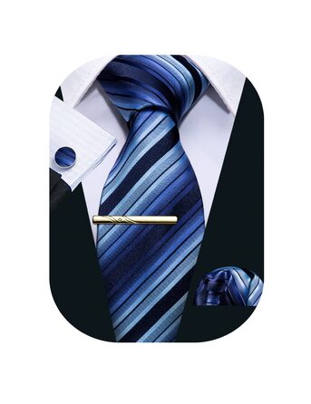 Шовкова краватка Barry.Wang для ділового стилю з хустинкою та краватковою застібкою, набір у клітинку, святкова, синього кольору