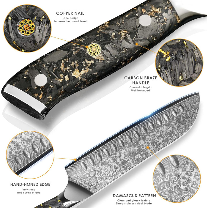 Японський ніж Santoku Kyushublade з дамаської сталі (67 шарів), з унікальною ручкою з карбону та золота, професійний кухонний ніж