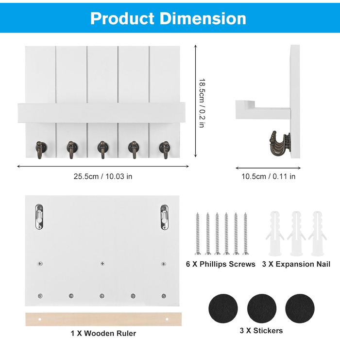 Дерев'яне ключниця з поличкою, 5 гачків, для прихожої, спальні, вітальні, білий колір