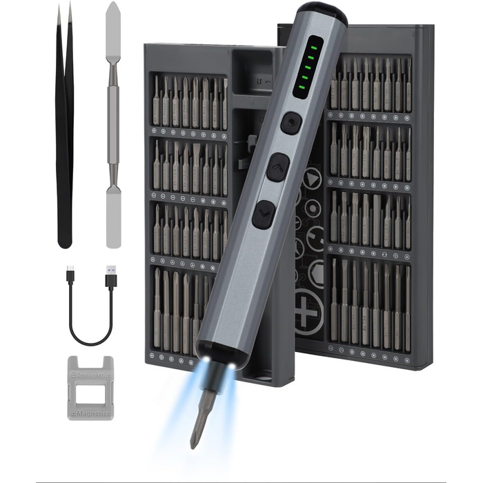 Електрична викрутка 70 в 1 з набором S2 біт, 4 LED, 200 RPM, для ремонту годинників, ПК, телефонів (срібно-чорний)