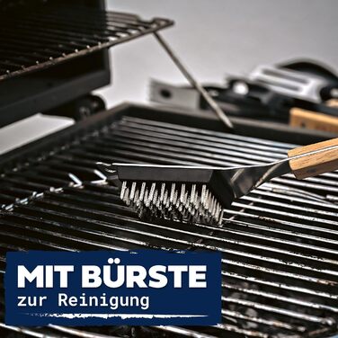 Набір гриль-посуду Praknu з дерев'яними ручками та сумкою - стійкий до високих температур, нержавіючий та міцний. Включає щітку, щипці, лопатку та виделку для м'яса. Ідеальний подарунок для чоловіків.