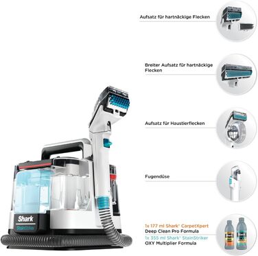 Shark Бездротовий видальник плям, портативний пилосос для прання та видалення запахів, для килимових покриттів, м'яких меблів та іншого, з коробкою для зберігання, аксесуарами та 2 × засіб для чищення, HX100EUCP (StainStriker Lösning Starterflaschen)