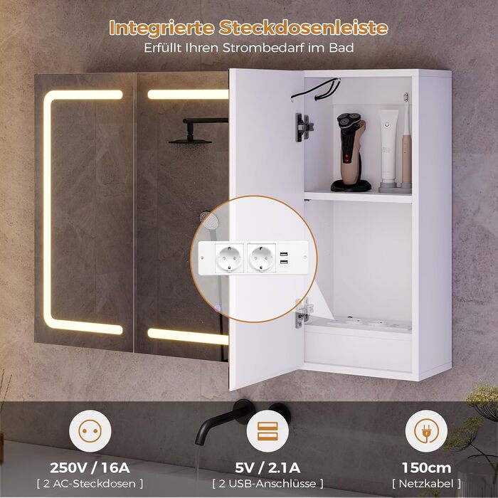 Дзеркало-шафка для ванної кімнати з LED-підсвічуванням, розеткою та 3 колірними температурами. Ванна шафка 60x90x16 см (ВxШxГ), з регулюванням яскравості + сенсорне керування. Біла дзеркальна шафка з 3 регульованими полицями та дзеркалом 60x90x16 см