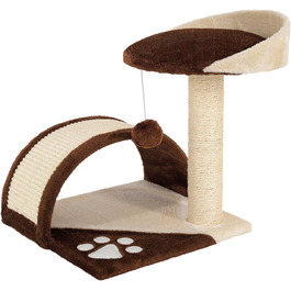 Kratzbaum, small with plush ball & scratching arch, height 43 cm, cozy lying area made of soft plush, stable with sisal rope for claw care, suitable for small & large cats, (Brown/Beige)
