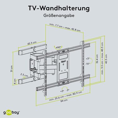 Кріплення для телевізора Goobay TV-Wandhalterung Pro FULLMOTION (XL) – для телевізорів 43-100 дюймів, поворотне, нахильне, максимальне навантаження 60 кг, VESA 800x400, висувний кронштейн, інтегроване кабельне управління, чорний
