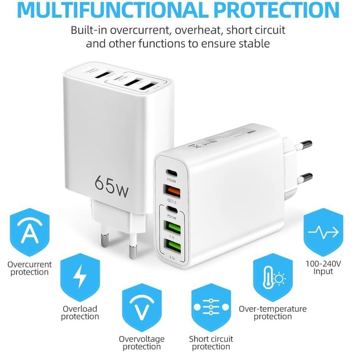 Мережевий адаптер AXFEE 65W 5 портів USB C з USB-A, швидка зарядка PD 3.0 для iPhone 14 Pro Max 13