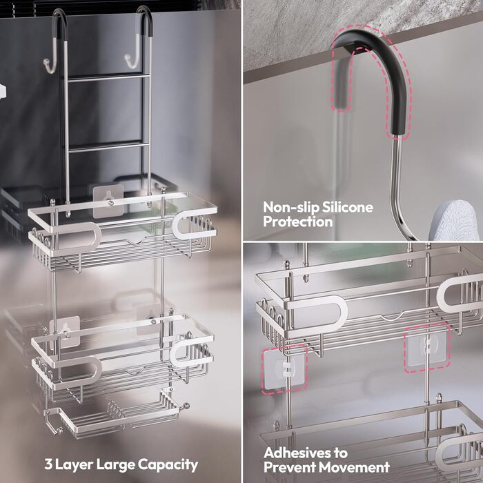 Настінна поличка для душу SWTYMIKI з нержавіючої сталі, сірого кольору - 2 корзини, 2 мильниці, 14 гачків