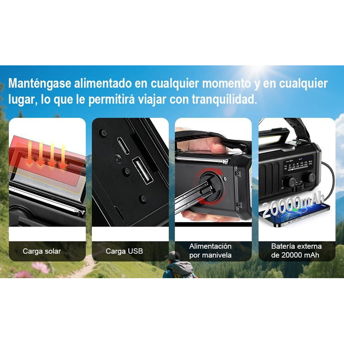 Радіостанція на сонячній батареї з живленням від ручки, 20000 mAh, SOS-сигнал, FM/AM, ліхтарик, компас, для кемпінгу та надзвичайних ситуацій (Чорний)