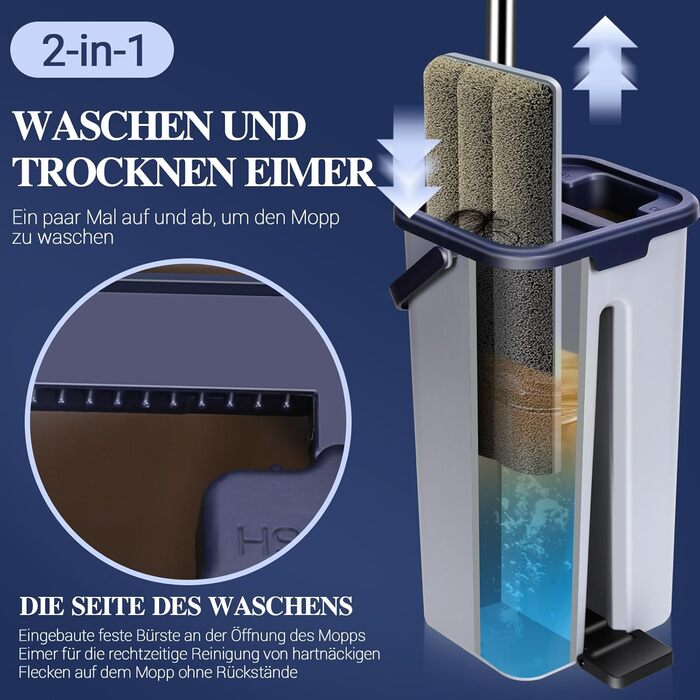 Набір для миття підлоги MASTERTOP з відром, моп з нержавіючою ручкою та 3 насадками, 2 в 1 набір відр та мопа, плоский моп з функцією віджиму для ламінату, плитки, твердої підлоги (Бежевий) (Набір для миття підлоги з відром: Сірий+Блакитний)