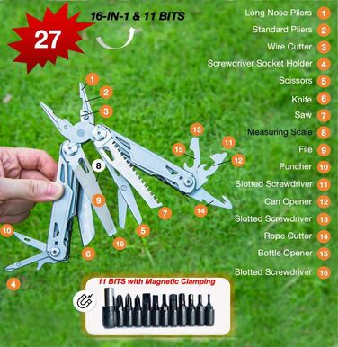 Мультитул преміум-класу 27-в-1: інструмент для кемпінгу, туризму та відпочинку на природі | З набором біт та зручною сумкою