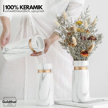 Керамічна ваза в стилі бохо для квітів, пампасів, сухоцвітів, H22см - білий мармур, з золотим обідком. Декоративний елемент, сучасний дизайн