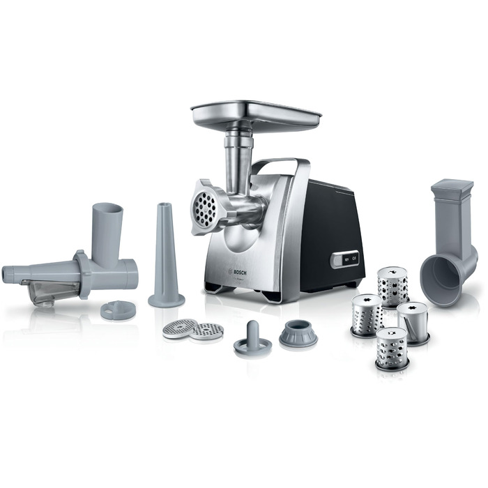 М'ясорубка Bosch MFW68660 сріблясто-чорна, 2200 Вт, насадки для ковбас, 4 тертки, 3 диски з нержавіючої сталі (3, 4.8, 8 мм)
