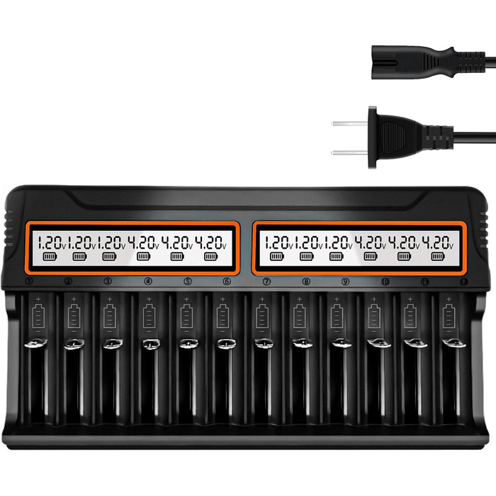 Зарядний пристрій для акумуляторів 18650, 12 слотів, LCD дисплей, універсальний, швидка зарядка, сумісний з 26650, 16340, 14500, 18350, 18500, AA, AAA (тільки зарядний пристрій)