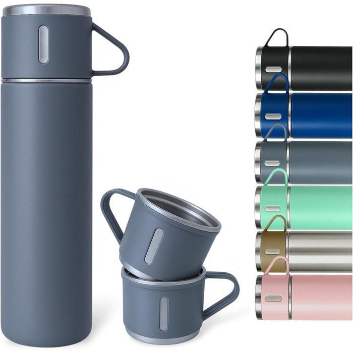 Термофляга 500 мл з нержавіючої сталі – 2 чашки з ручкою – не протікає, BPA-free – з щіткою для чищення – сірий колір