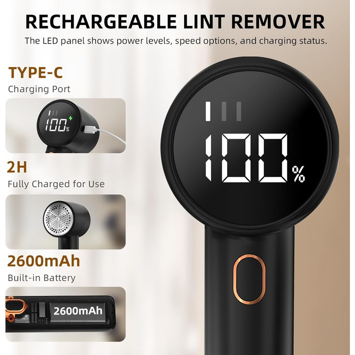Електричний видалення ворсу з одягу: бездротовий триммер для одягу з 6 лезами та 3 швидкостями, LED-дисплей (Чорний)