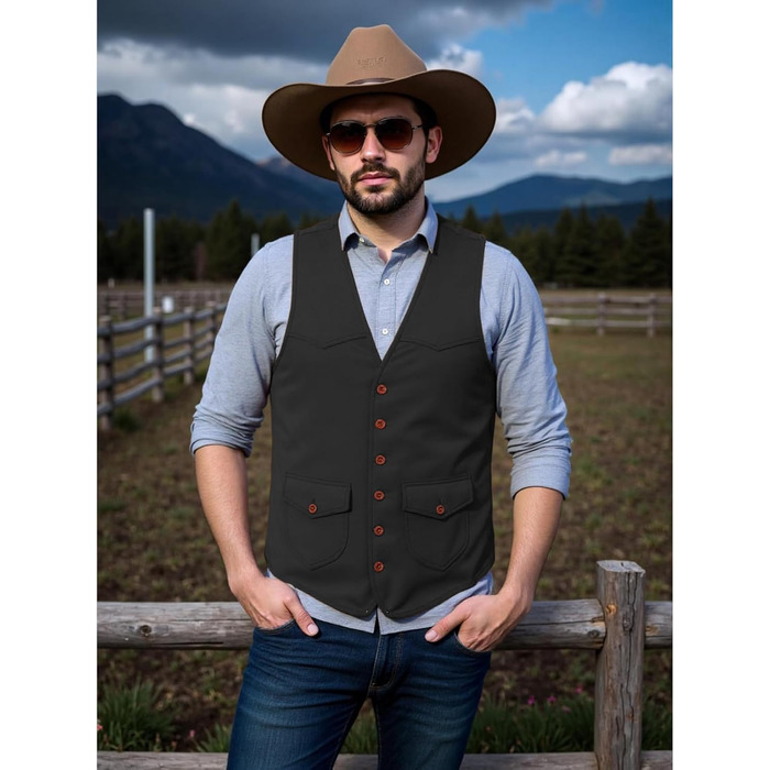 Костюм жилетки Solovedress для чоловіків з екошкіри, стилі вестерн, чорний, Regular Fit