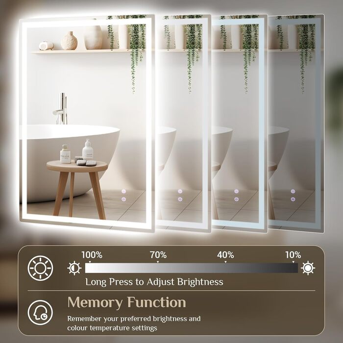 Дзеркало для ванної кімнати Clevich з підсвічуванням 70x50 см, LED дзеркало з 3 кольорами світла, регульована яскравість, захисне скло, сенсорне управління, функція пам'яті, запобігання запотіванню, 80x60 см
