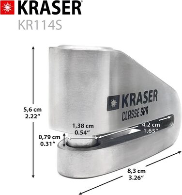 Замок на гальмівний диск KRASER KR114S для мотоцикла з сертифікатом SRA, протиугінний, подвійний замок 14 мм, 3 ключі, нагадувальний кабель, нержавіюча сталь