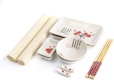 Традиційний японський набір для суші: тарілки, палички та підтарілки на 2 особи. З порцеляни, з візерунком квітки сакури. Ідеальний японський подарунок.