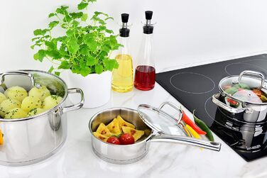 Каструля Linnuo з нержавіючої сталі 16 см з кришкою, 1,2 л, з індукційним дном, для плити, як молочний/соусний посуд