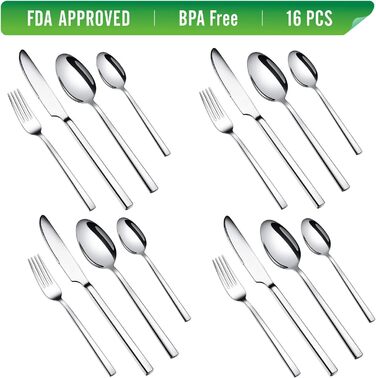 WUJO Cutlery Set, Stainless Steel Cutlery, 16-Piece Silver Cutlery Set including Knife, Fork, Spoon, Teaspoon, Dining Set for 4 People, Mirror Polished, Dishwasher Safe