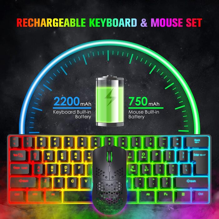 Механічна ігрова бездротова клавіатура з підсвічуванням RGB та миша, Bluetooth 5.0/2.4G, USB, 2200 mAh, Anti-Ghosting, чорний