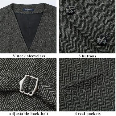 Жилет чоловічий HISDERN Vintage Casual Tweed з вовни в колірну смужку Herringbone для весілля, офісу та ділових зустрічей (L, темно-сірий)