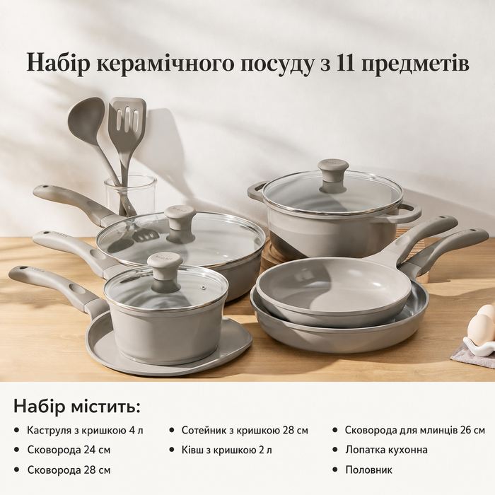 Набір посуду Redchef: 11-ти частинний набір каструль та сковорідок з керамічним покриттям, індукційний, PTFE-free, PFAS-free, для всіх типів плит, стійкий до миття в посудомийній машині (сірий)