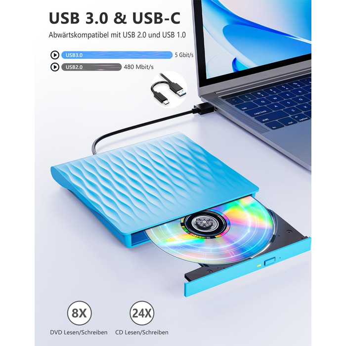 Зовнішній DVD CD привід DANGZW USB 3.0 Type-C, портативний DVD-брунер та плеєр для ноутбука та ПК (Windows, MacOS, Linux), синій