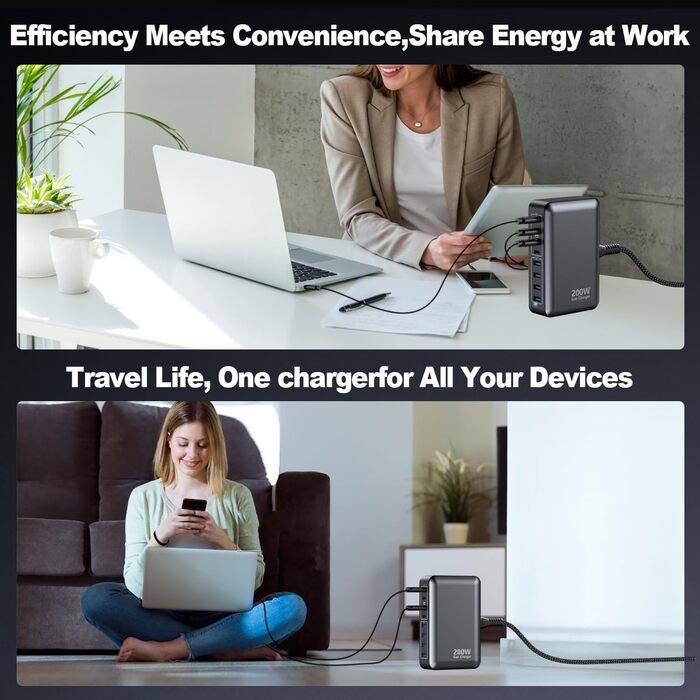 Зарядний пристрій USB-C 200W, 8 портів GaN, швидка зарядка PD 65W для ноутбука MacBook/Dell/Steam Deck, iPhone 17/16/15/14, Galaxy S24/S23 (чорний)