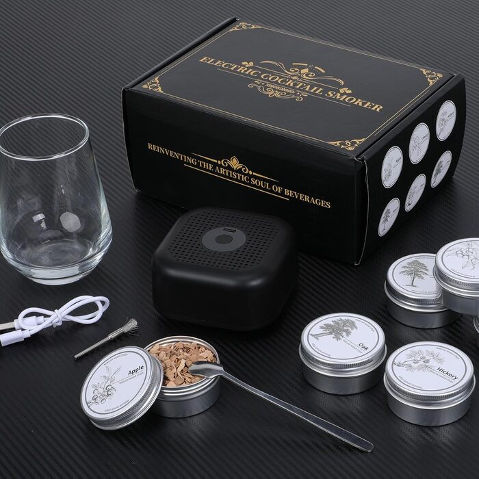 Електричний набір для копчення коктейлів та віскі з 6 дерев'яними стружками. Безпаливний аксесуар для напоїв. Подарунок для чоловіка/батька
