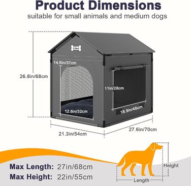 Будка для собак великого розміру для дому з м'яким лежаком, сіра. Стабільна, водонепроникна, підходить для малих та середніх собак, 68.6 x 53.3 x 68.6 см