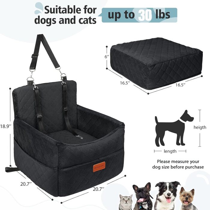 Washable Dog Car Seat for Small to Medium Dogs with Leash & Storage Pockets - Thickened Elevated Dog Bed for Back or Front Seat - Black