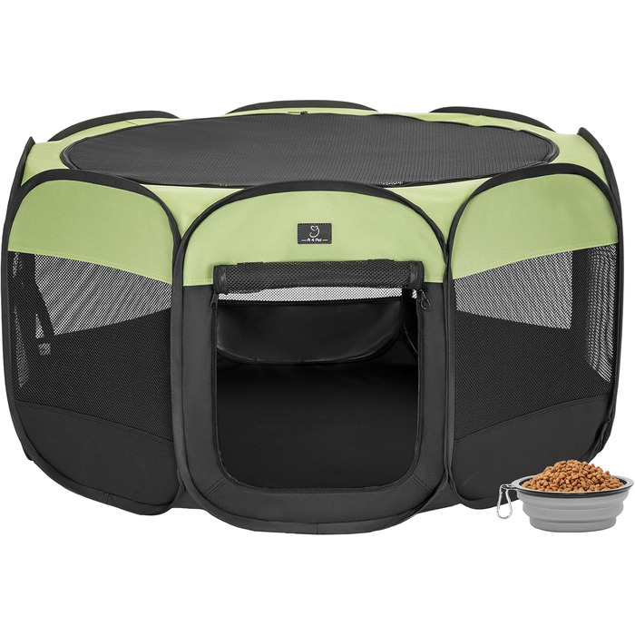 Клітка-вигул для цуценят та кошенят 4 Pet, розкладна, для собак та котів, для дому, з блискавкою, портативна, M, блакитно-біла (M з мискою, чорна/зелена)